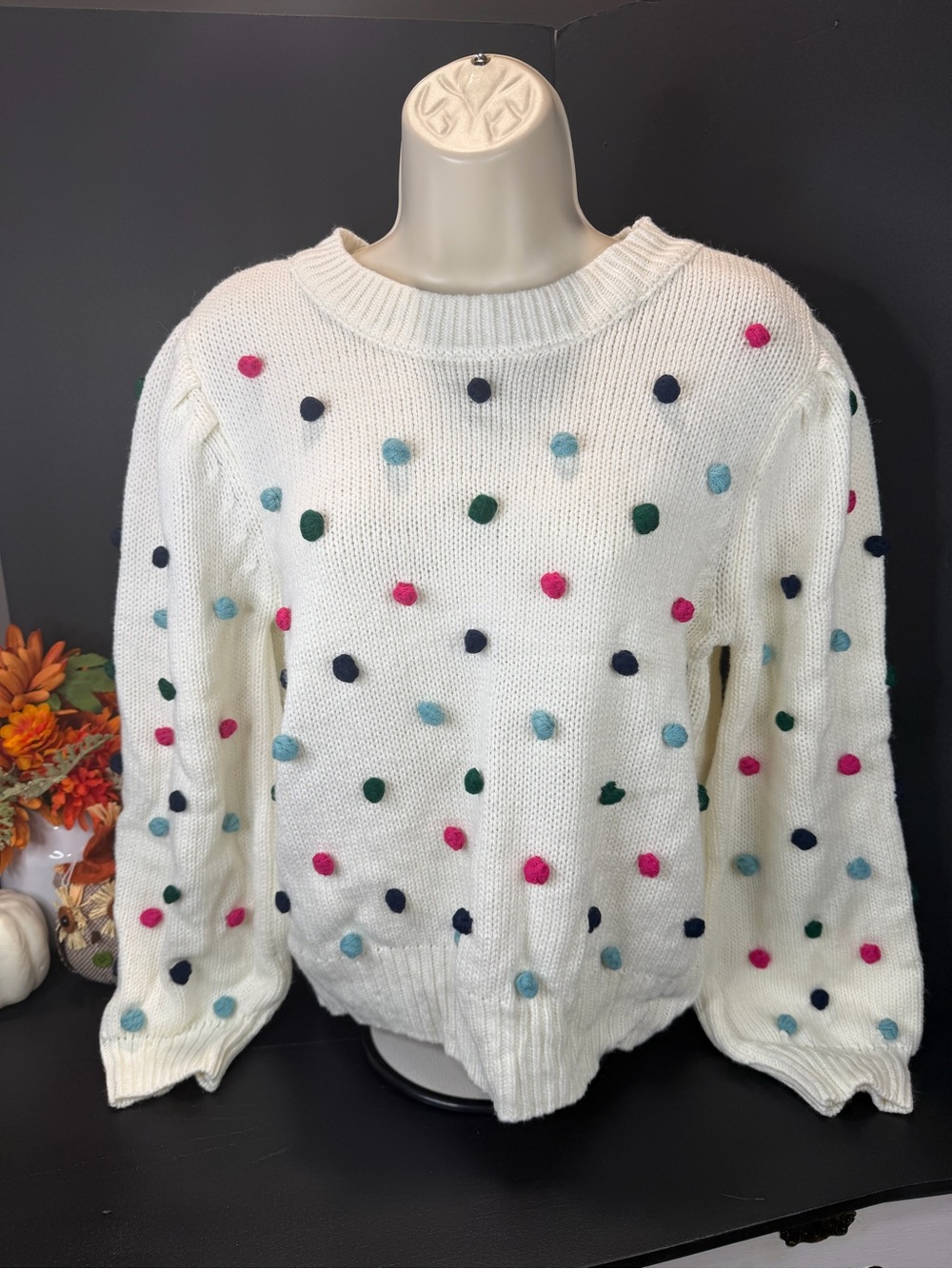 crown & ivy Cream Pom-Pom Crewneck Sweater with Multicolor Dots